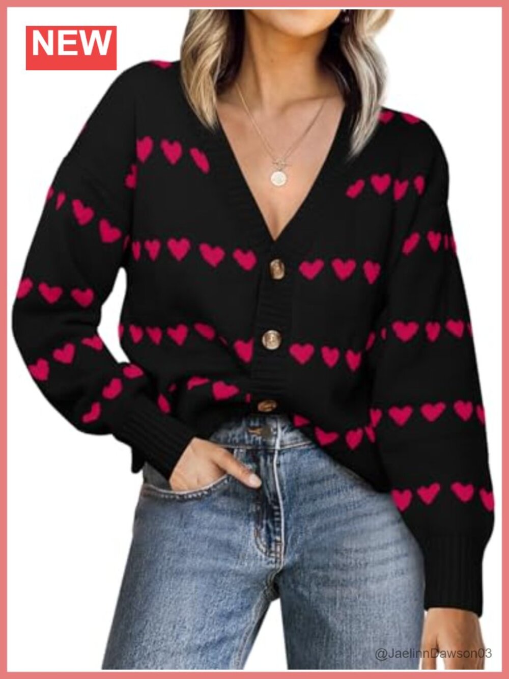 Heart Print Cardigan Sweater V Neck Button Down Long Sleeve Knit Striped
